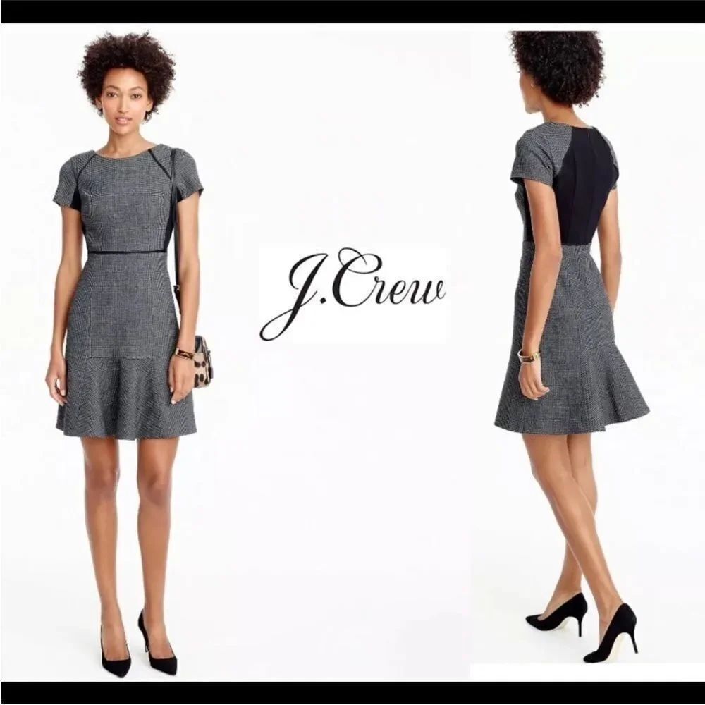 J. Crew Checkered Flutter Dress Wool  blend Short Sleeve Size 12 Black/Gray NWT
